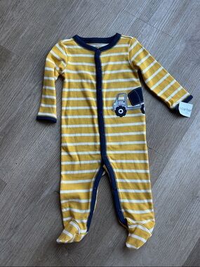 NWT Carter's Yellow and White Stripe Truck Footie with Navy Trim